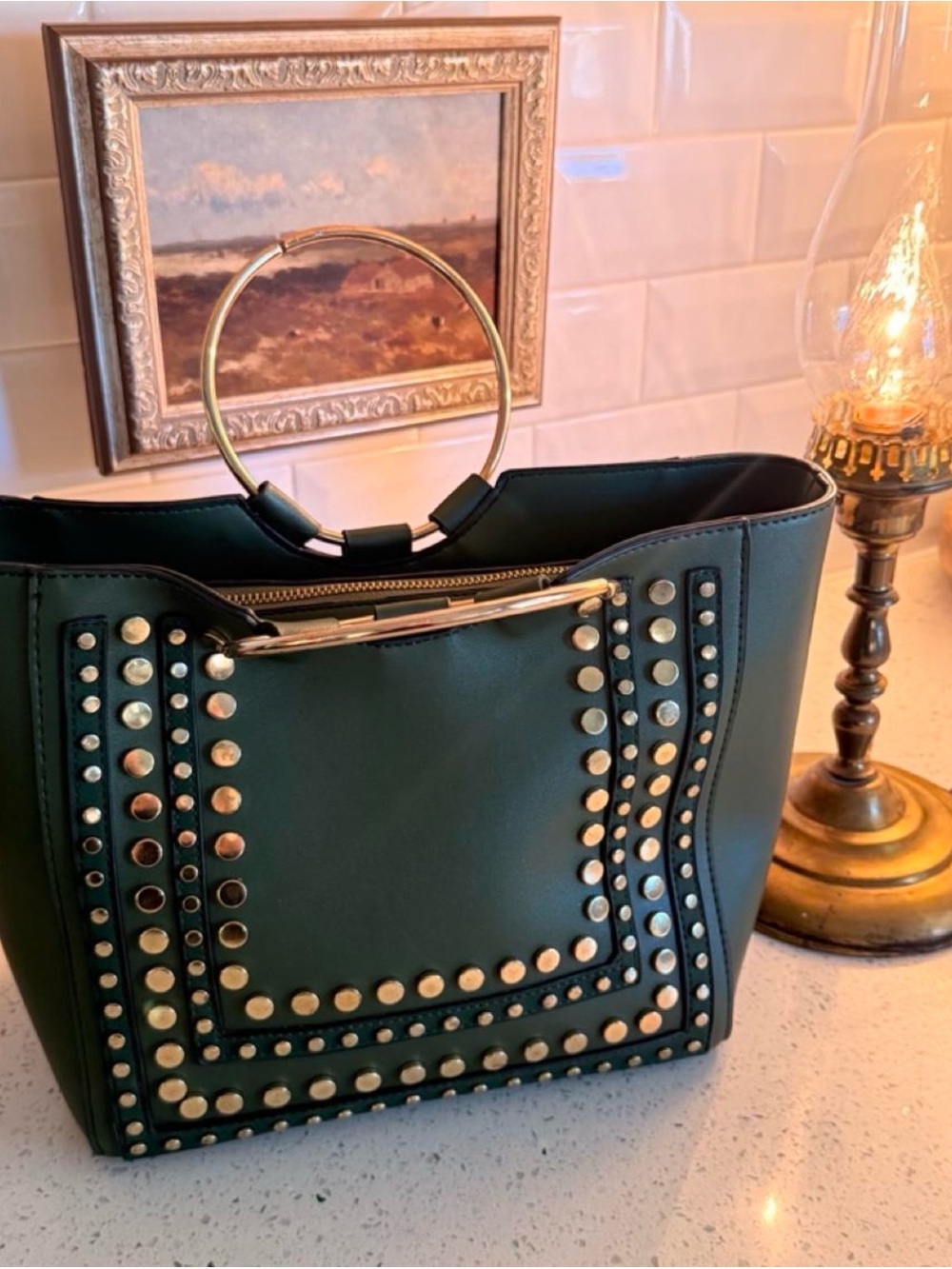 Studded Ring-Handle Women’s Tote Bag in Dark Green